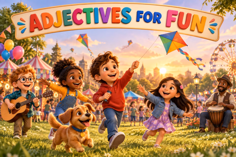 Friends enjoying a lively outdoor fair under the headline Adjectives for Fun