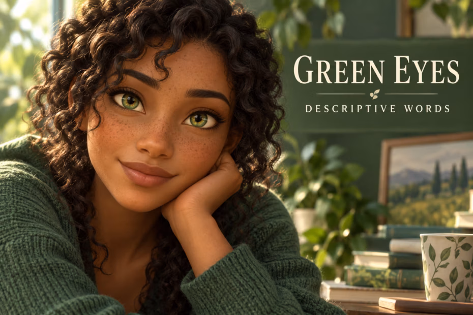 Animated portrait illustrating green eyes with a title panel reading Green Eyes