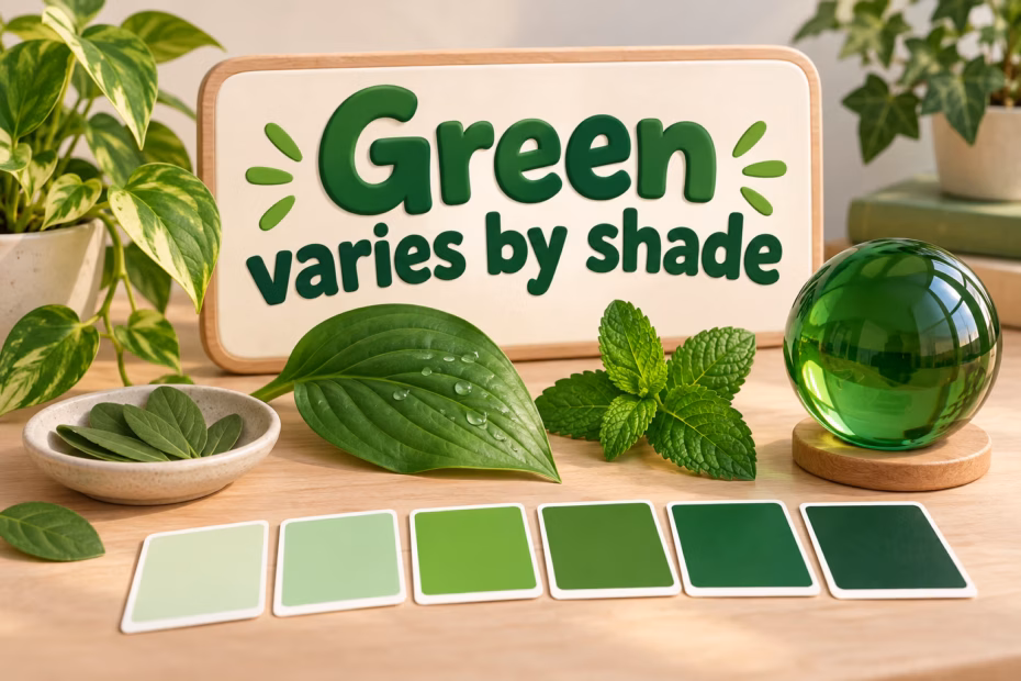 Green leaves, glass sphere, and swatches comparing pale, vivid, and deep green. Text: “Green varies by shade.”