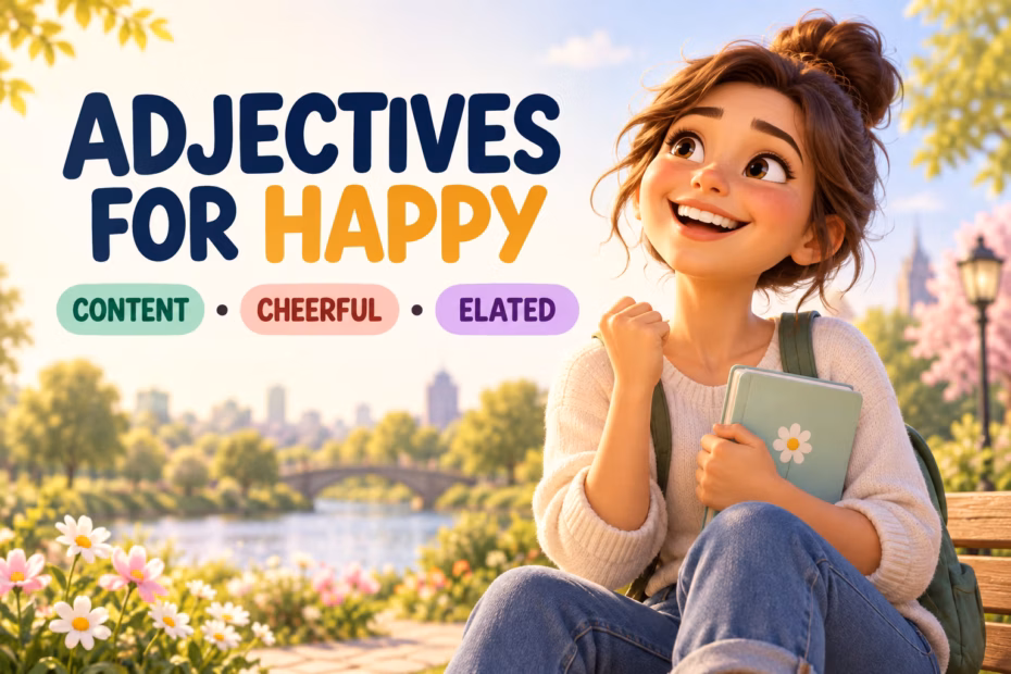 Animated person celebrating with the words content, cheerful, and elated