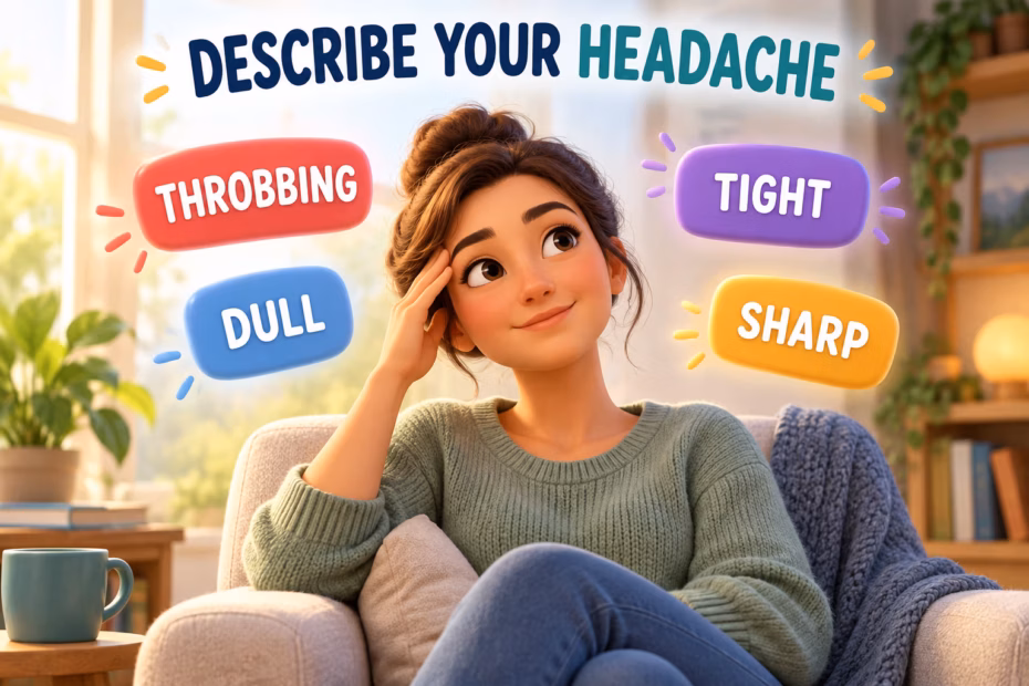Animated illustration of a person describing a headache with throbbing, tight, dull, and sharp word cards