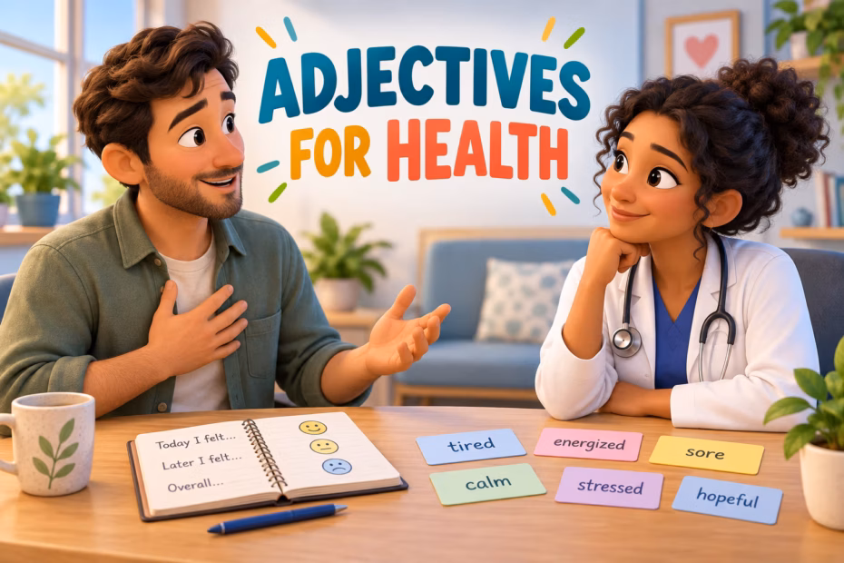 3D animated patient and clinician talking beneath the words Adjectives for Health