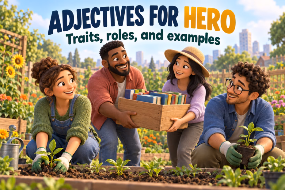 A diverse group of adults share books and plant seedlings in a community garden; headline reads Adjectives for Hero.