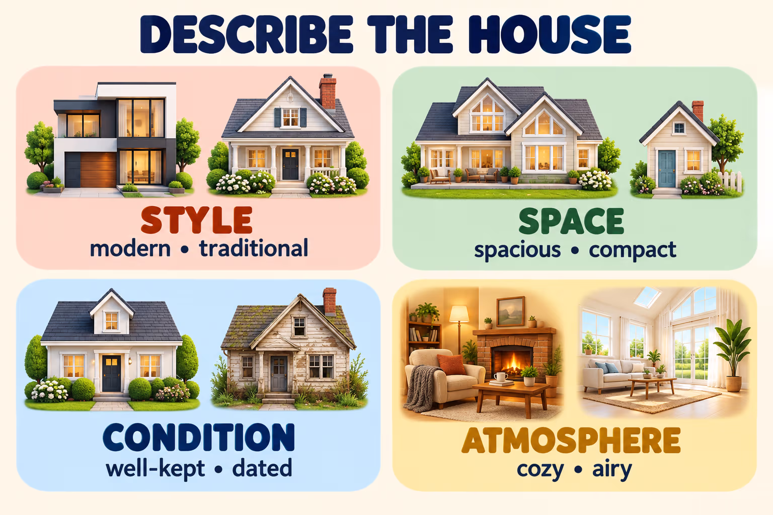 Four illustrated categories for describing a house: style with modern and traditional, space with spacious and compact, condition with well-kept and dated, and atmosphere with cozy and airy.