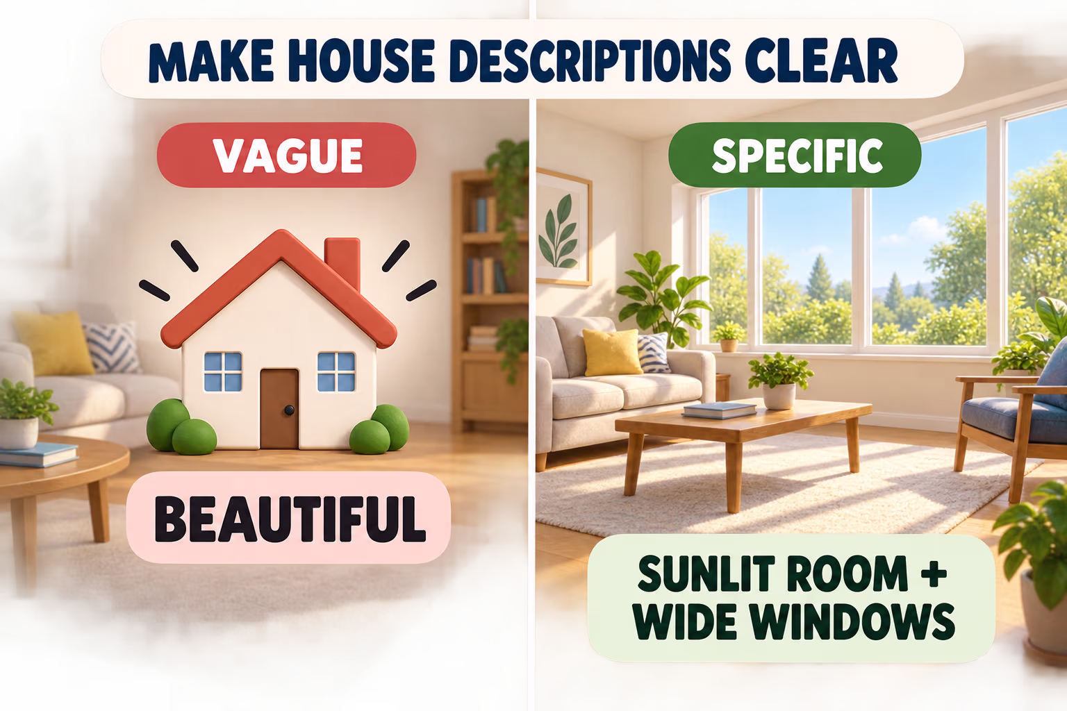 Two-panel animated house-description example contrasts the vague word beautiful with observable details such as a sunny room and wide windows.