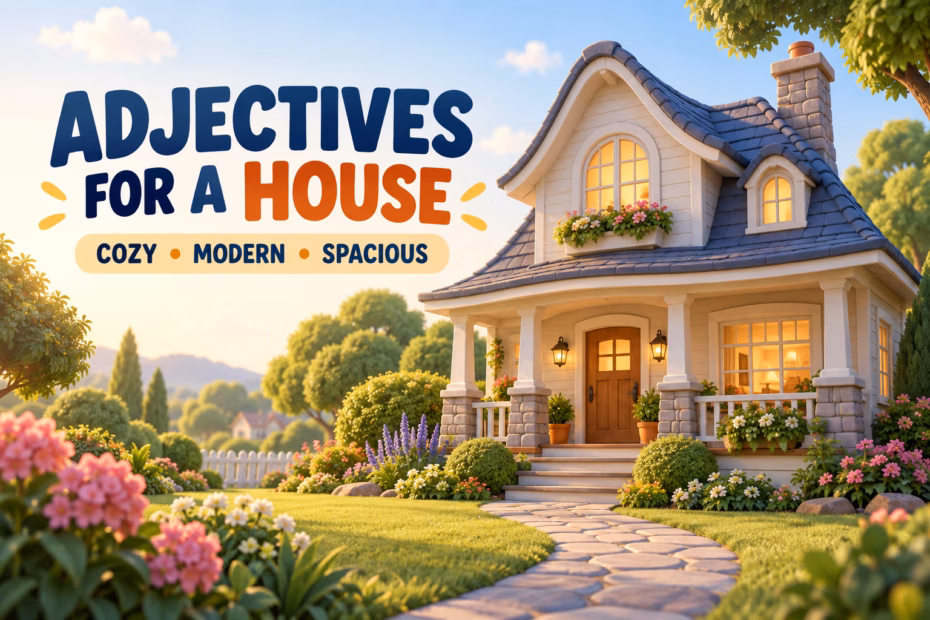 Illustrated house with the words cozy, modern, and spacious