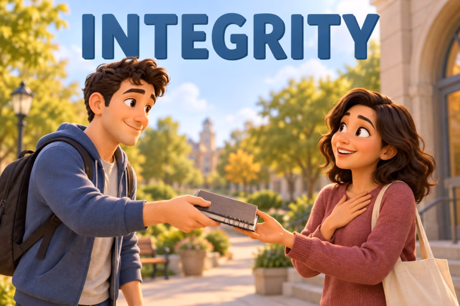 Animated illustration of one person returning a lost notebook to another beneath the word Integrity.