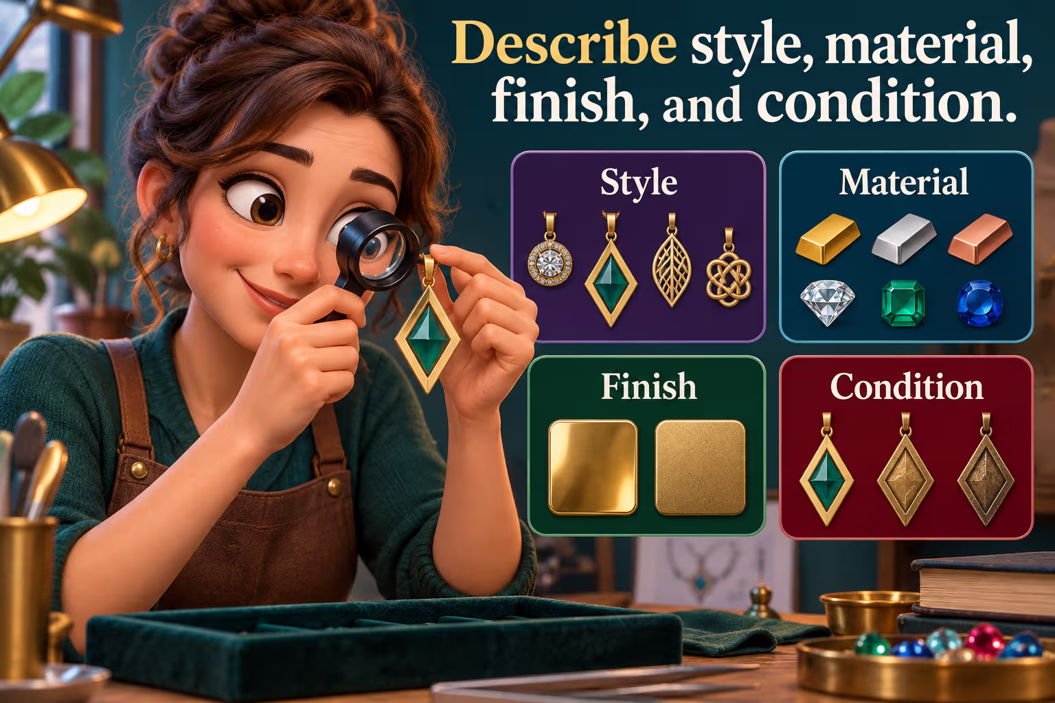 Describe style, material, finish, and condition. A jewelry designer inspects a pendant with a loupe.