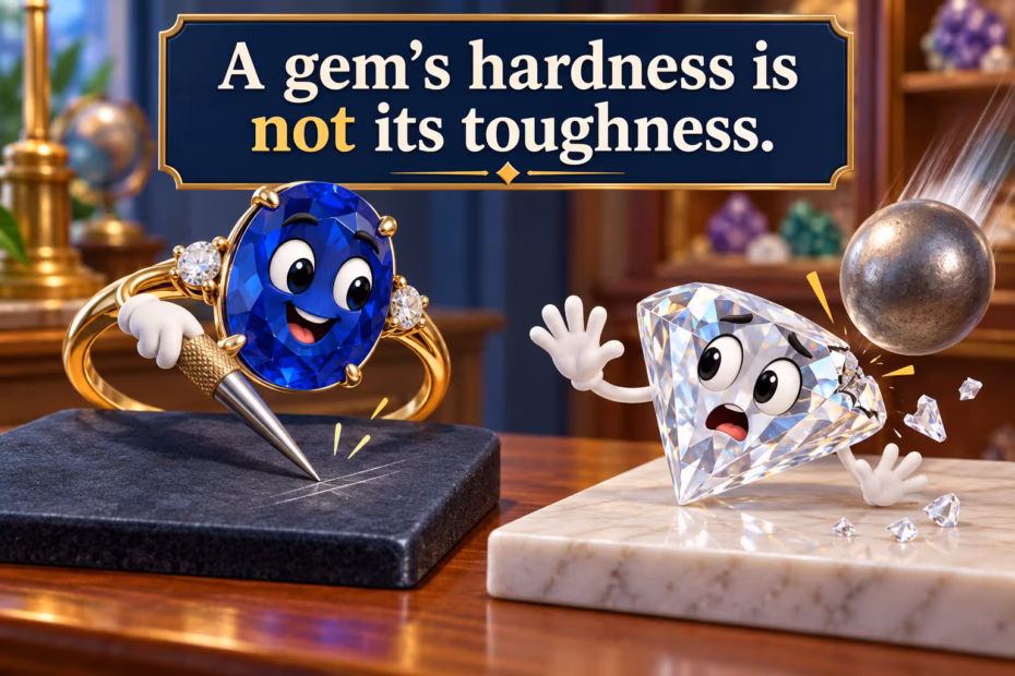 A gem’s hardness is not its toughness. A sapphire ring and diamond illustrate scratch resistance and chipping.