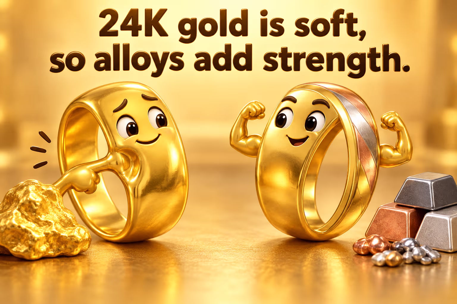 24K gold is soft, so alloys add strength. A 24K ring is shown beside an alloyed gold ring.