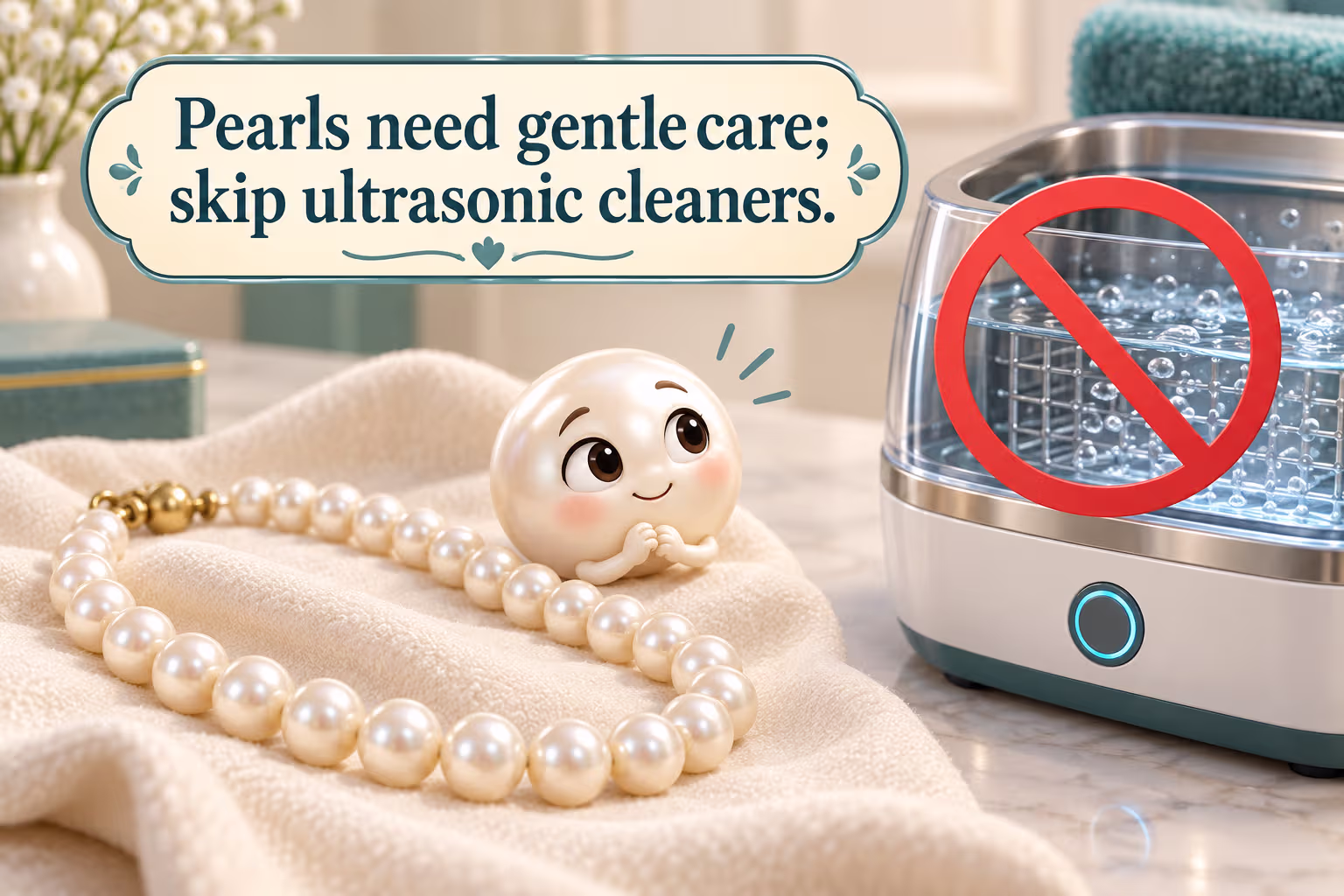 Pearls need gentle care; skip ultrasonic cleaners. A pearl necklace rests on soft cloth beside a cleaner marked against use.