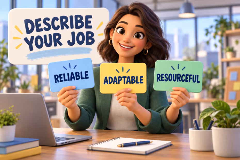 A friendly 3D animated professional holds cards reading Reliable, Adaptable, and Resourceful beside the words Describe Your Job.