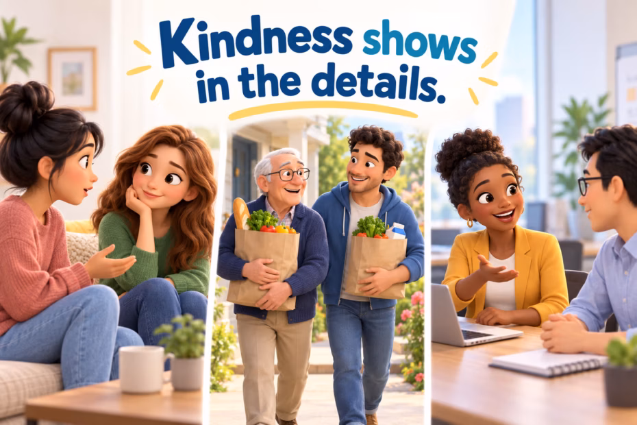 Friendly neighbors and colleagues show everyday kindness. Text: “Kindness shows in the details.”