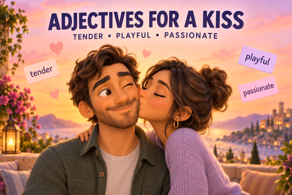Two adult partners share a gentle cheek kiss beneath the words tender, playful, passionate