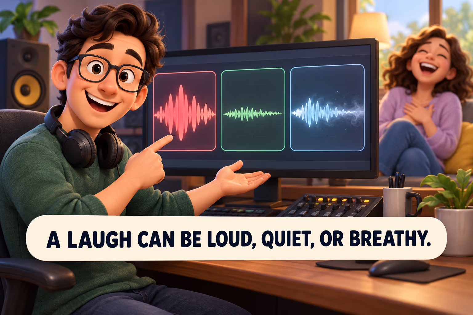 A cartoon sound editor compares loud, quiet, and breathy laugh sound waves.