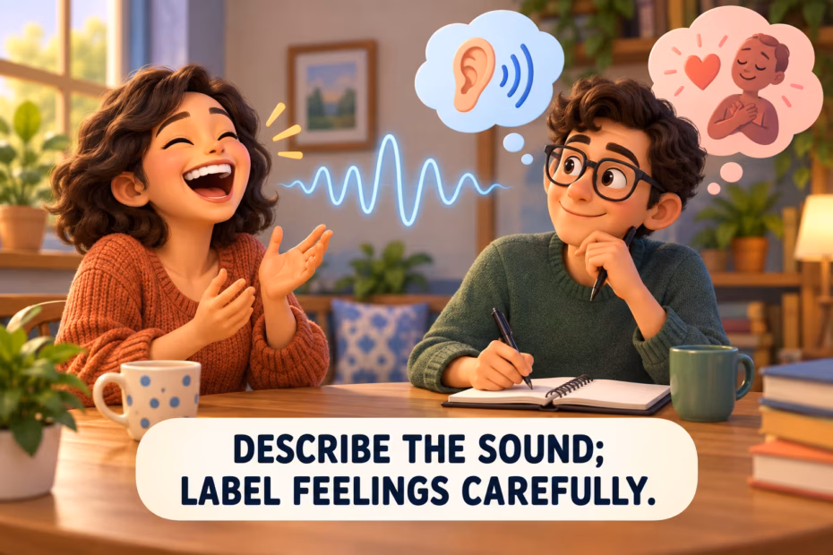 A cartoon writer listens to a laugh and separates audible details from inferred feelings.
