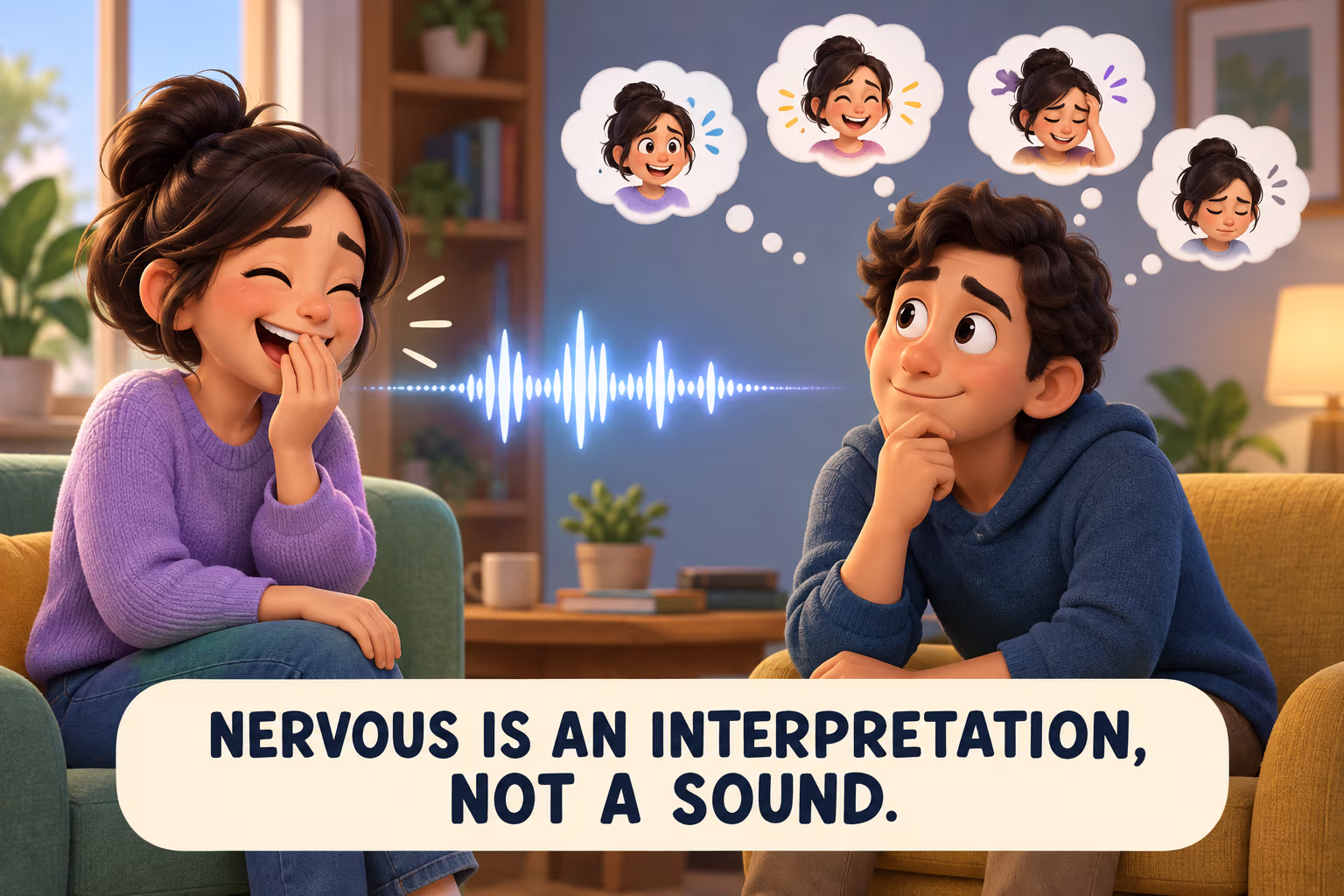 Two cartoon listeners consider different reactions to a laugh; nervousness is an interpretation, not a sound.