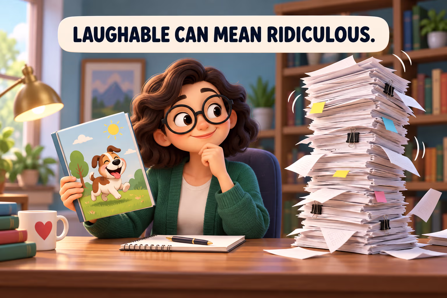 A cartoon editor compares an amusing storybook with a ridiculous stack of papers to explain laughable.