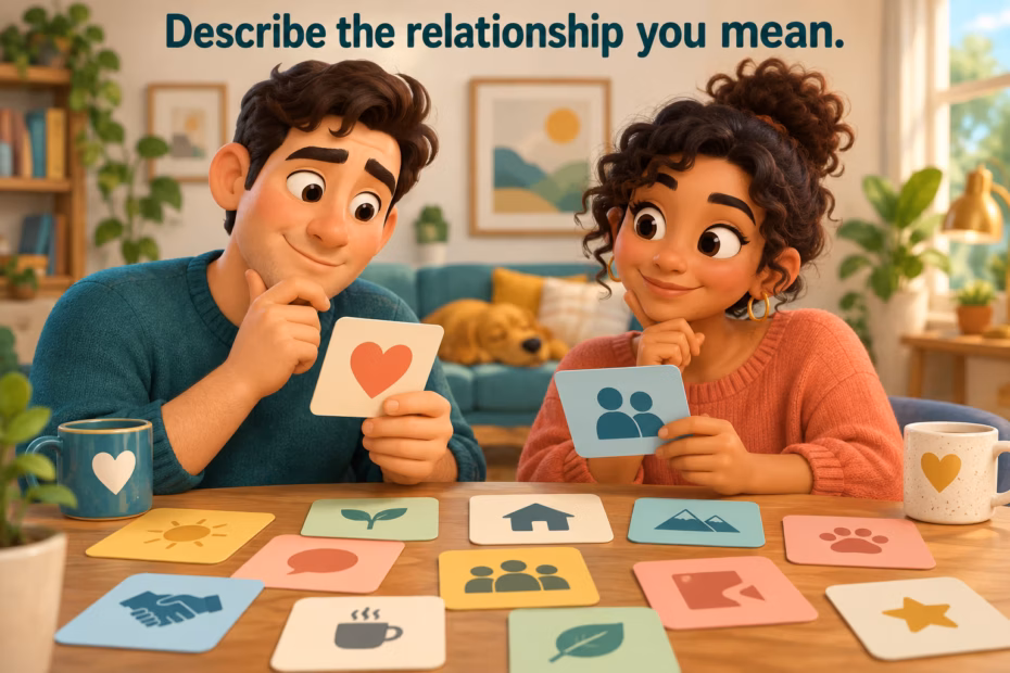Describe the relationship you mean. Two animated partners choose words for their own marriage, showing descriptions should fit the specific relationship.