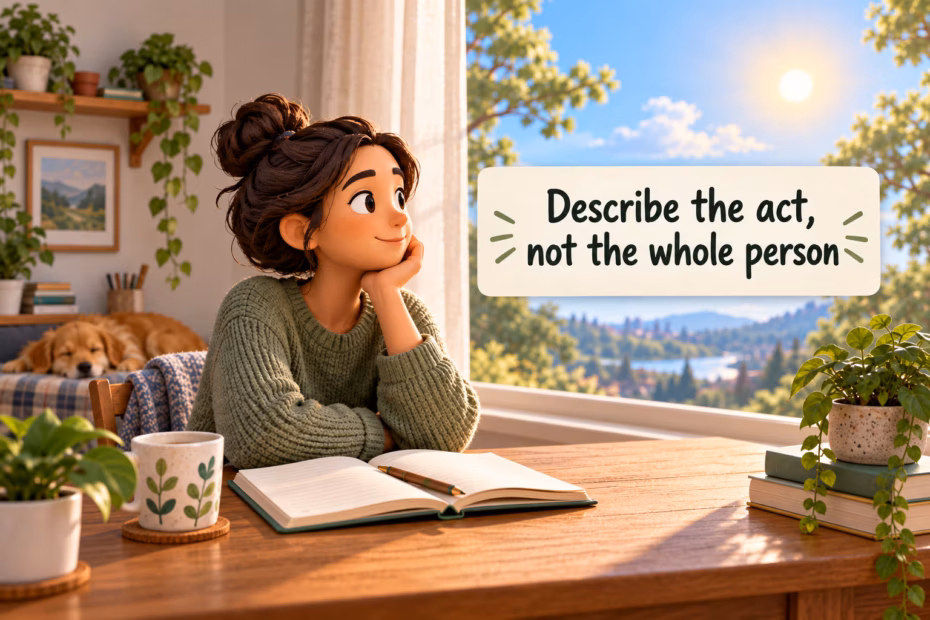 A calm person considers a speech bubble and chooses precise, behavior-focused wording. Text: “Describe the act, not the whole person.”