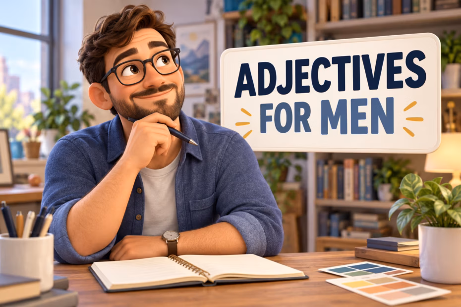 An animated adult man in a writing studio beside the title Adjectives for Men