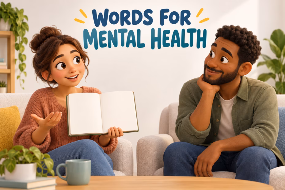 Two adults talk while one holds a blank journal beneath the title Words for Mental Health.
