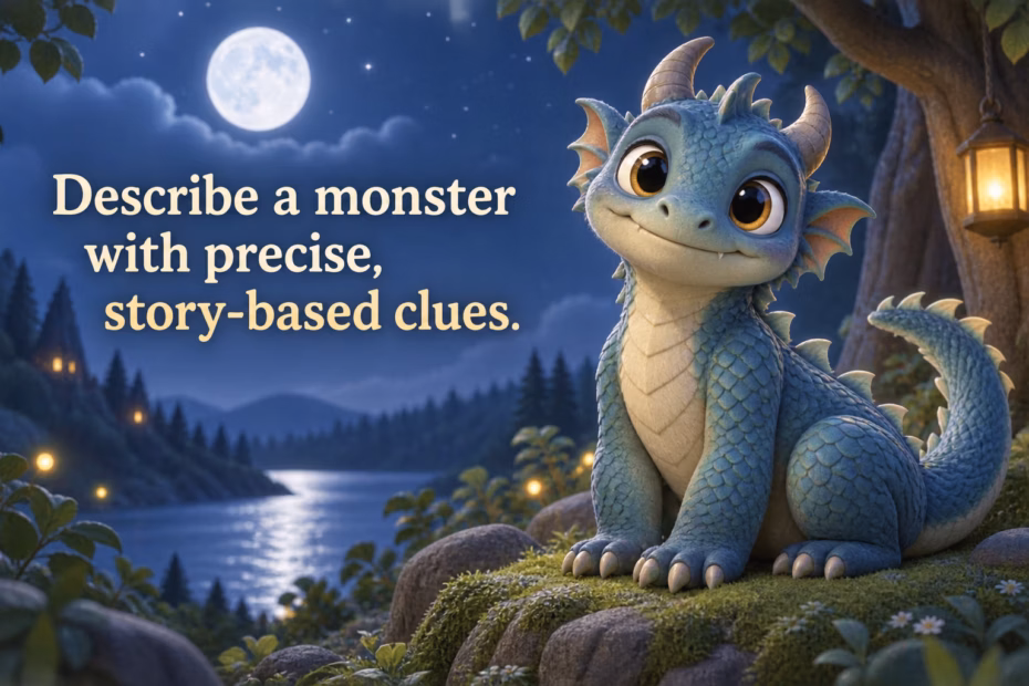 A friendly blue storybook monster sits beside the words “Describe a monster with precise, story-based clues.”