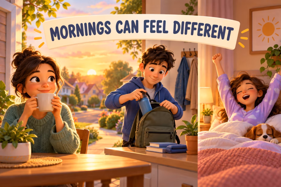 Three people begin their morning differently: one sips tea, one packs a bag, and one stretches in bed, beneath the banner Mornings can feel different.
