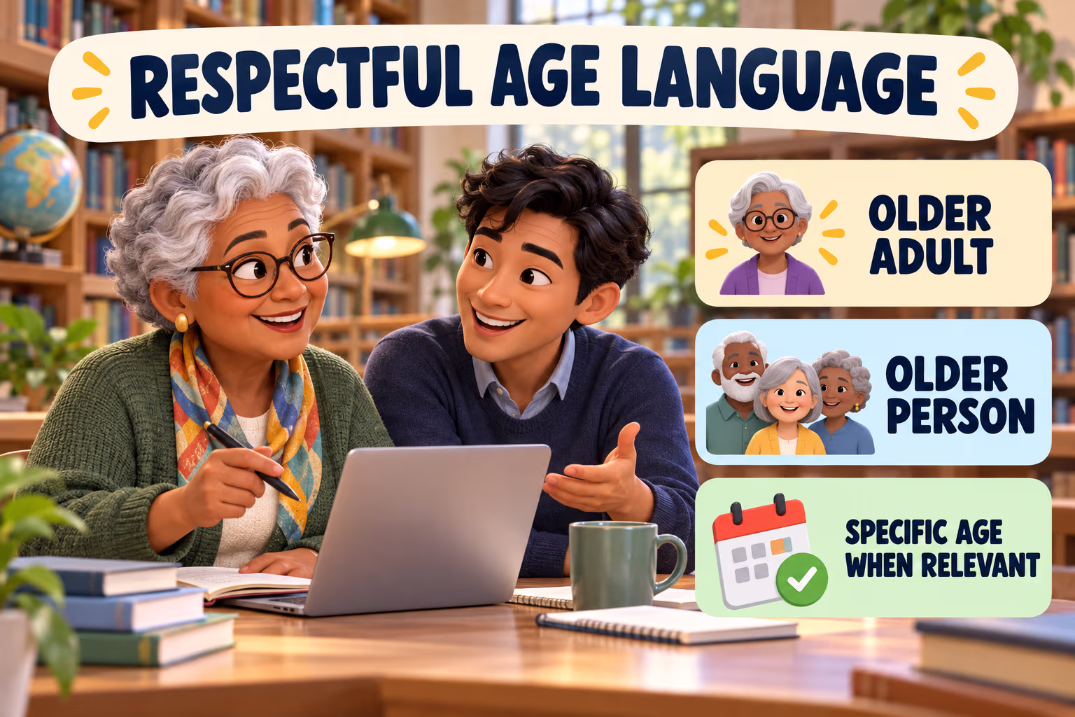 Respectful language guide with options older adult, older person, and specific age when relevant.