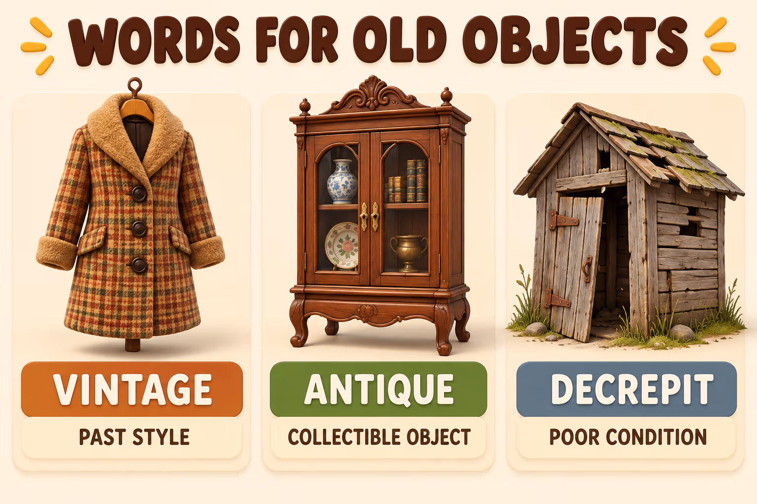 Guide distinguishing old-object adjectives by period or style, collectible value, and physical condition.
