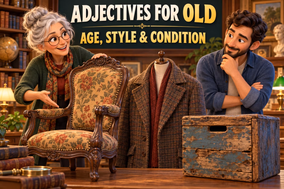 Two adult collaborators of different ages compare vintage and weathered objects, illustrating context-specific adjectives for old.