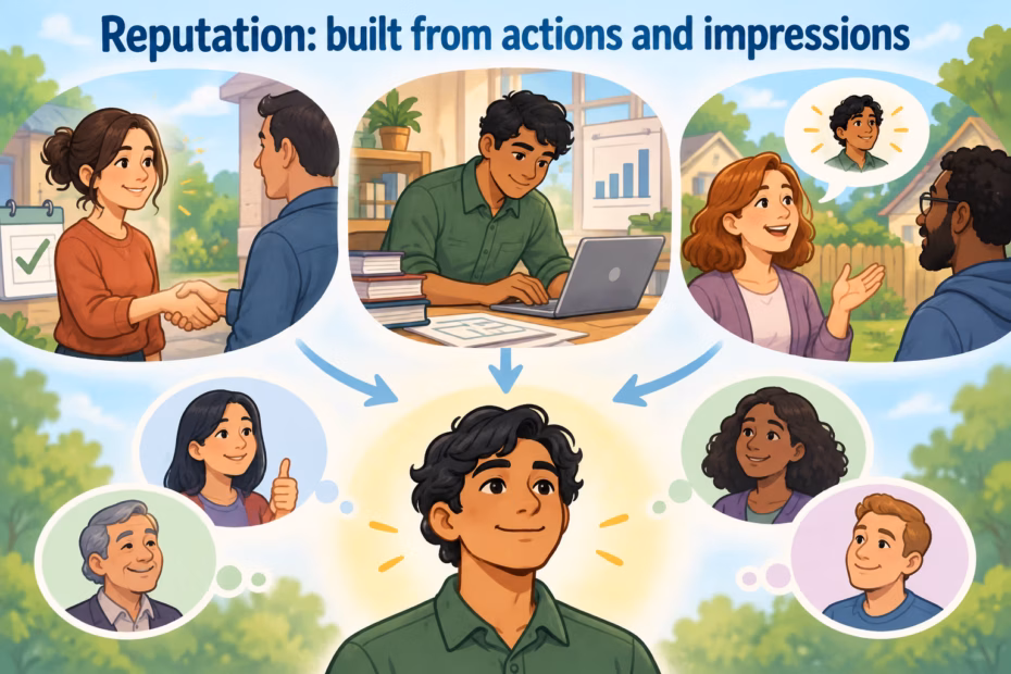 Illustration showing a reputation formed from actions and other people’s impressions