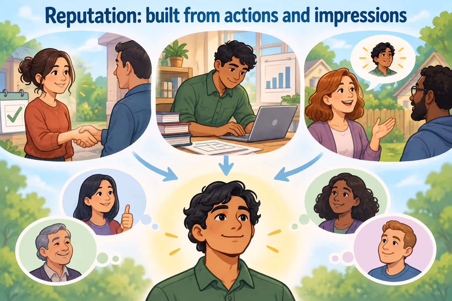 Illustration showing a reputation formed from actions and other people’s impressions