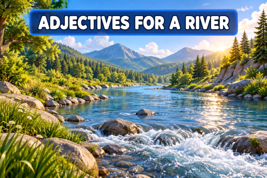 3D cartoon illustration of a winding river flowing through a green mountain valley, titled Adjectives for a River.
