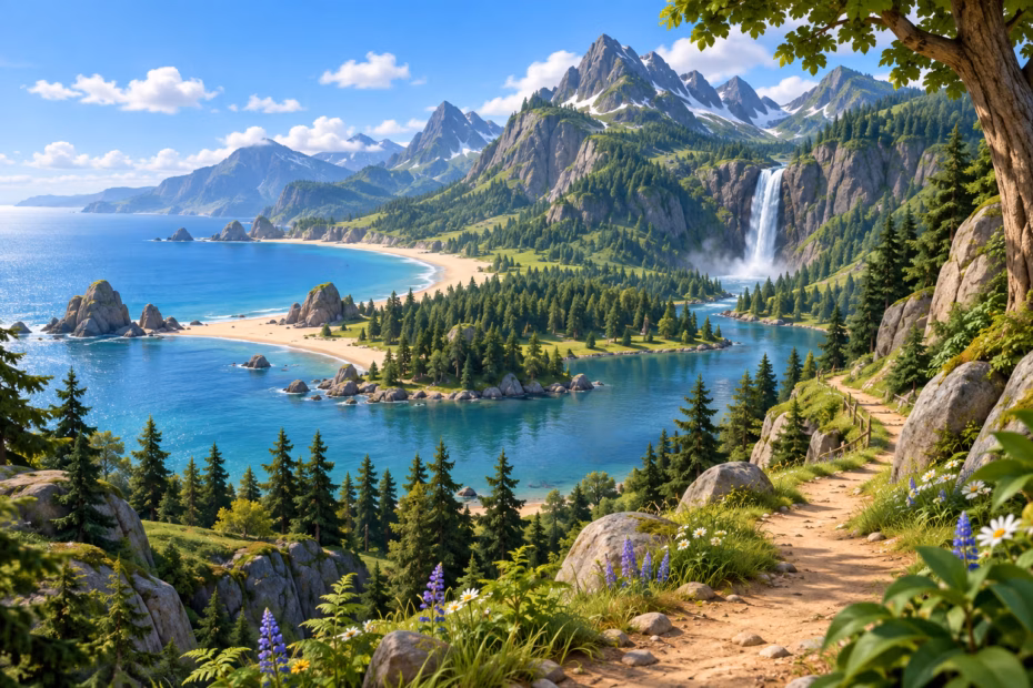 Illustration of a coastal bay, forested mountains, calm water, a waterfall, and a flower-lined path beneath a blue sky.
