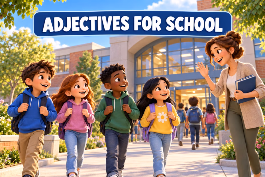 3D cartoon illustration of students and a teacher greeting one another at a sunny school entrance, titled Adjectives for School.