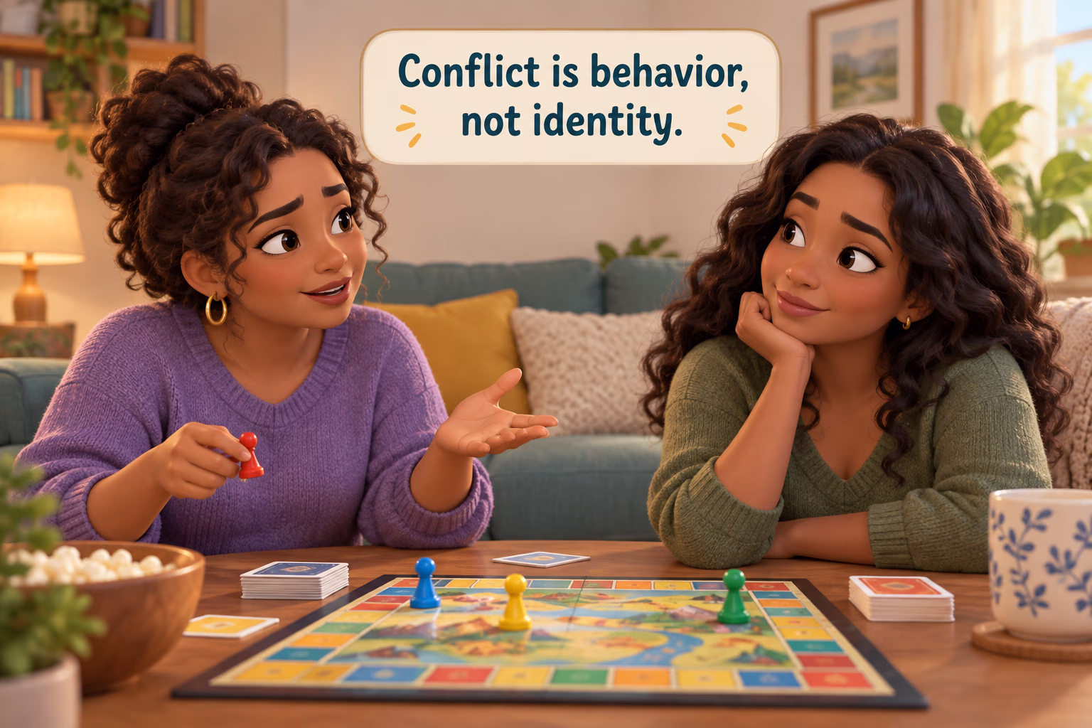 Two adult sisters discuss a board-game move; one pauses to listen. Text in image: “Conflict is behavior, not identity.”