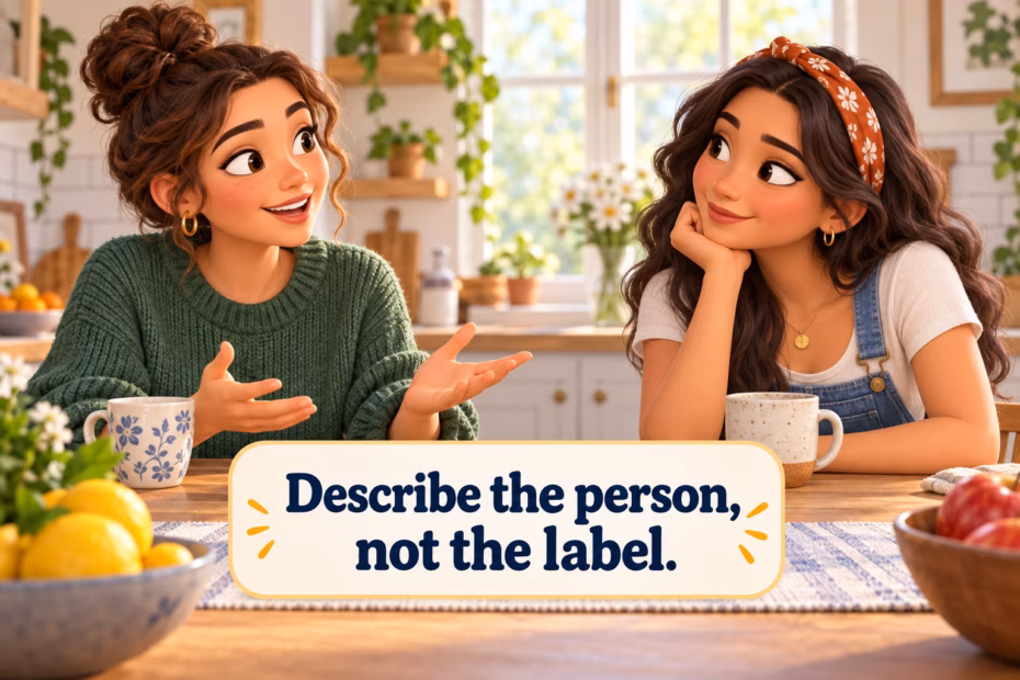 Two adult sisters talk at a kitchen table, one listening attentively. Text in image: “Describe the person, not the label.”