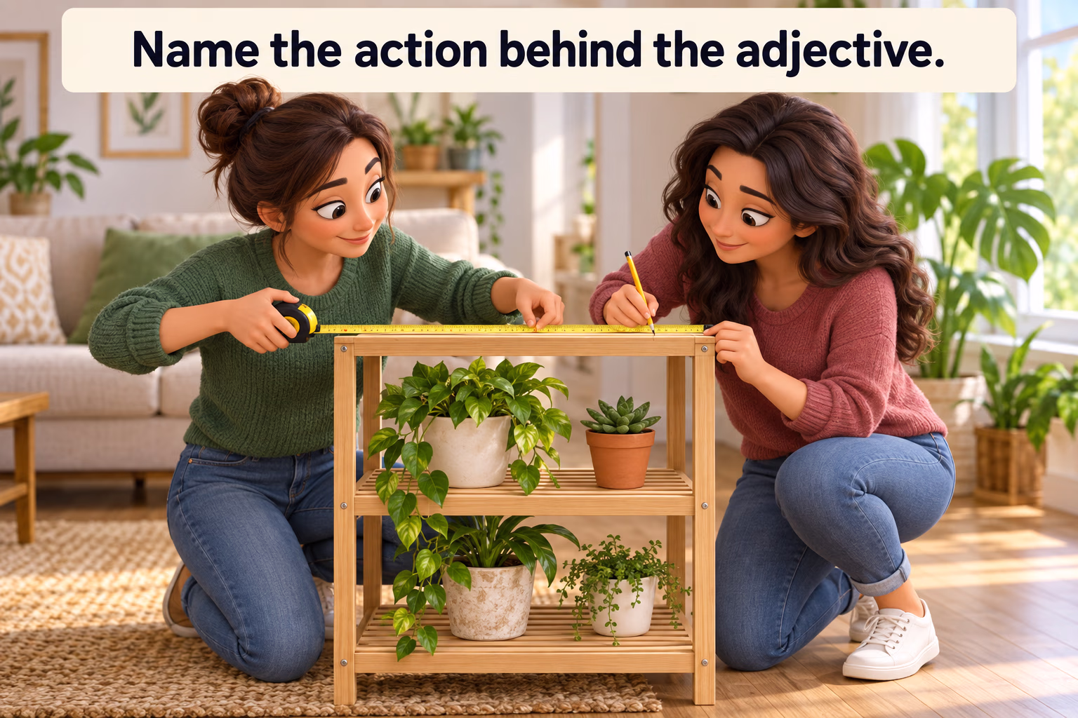 Two sisters measure a plant shelf together, showing careful work. Text in image: “Name the action behind the adjective.”