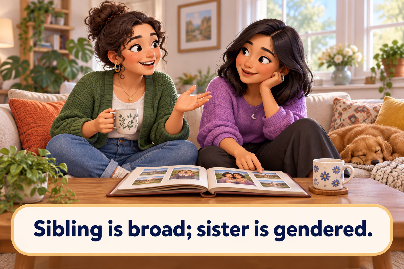 Two adult sisters sit together with a family photo album. Text in image: “Sibling is broad; sister is gendered.”