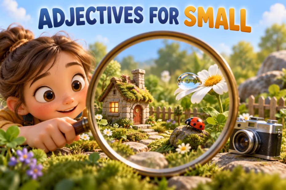 Original cartoon artwork with a girl looking through a magnifying glass at a tiny cottage, flower, and ladybug beneath the title Adjectives for Small.