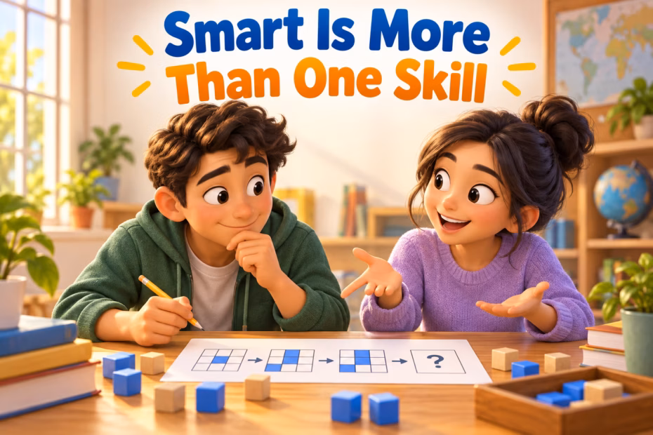 Two students solve a pattern puzzle together. Text: “Smart Is More Than One Skill.”