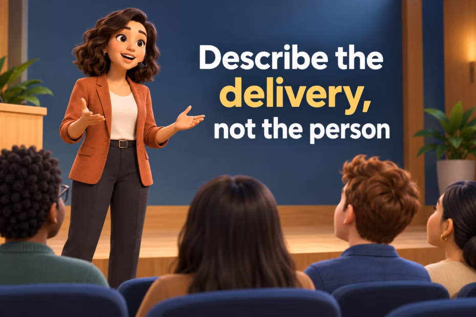A presenter addresses an audience. Text: ‘Describe the delivery, not the person.’