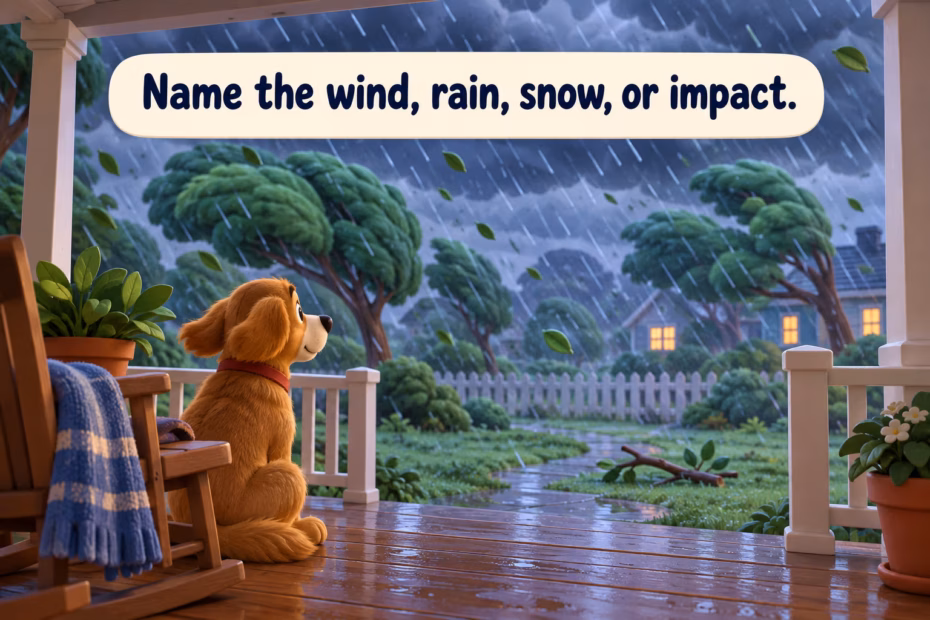 Name the wind, rain, snow, or impact. A sheltered porch scene shows wind-bent trees and heavy rain.
