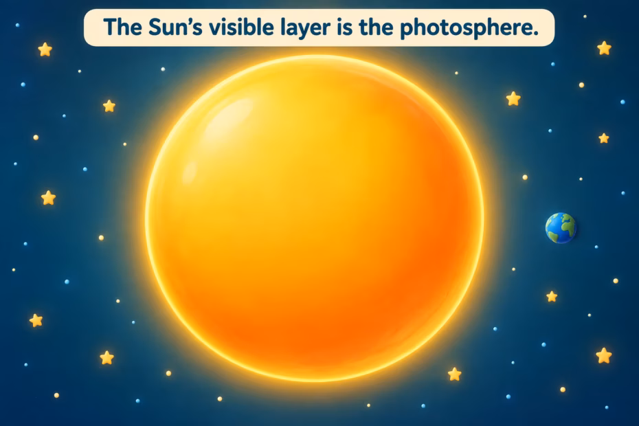 Playful cartoon Sun and Earth in space. The Sun’s visible layer is the photosphere.