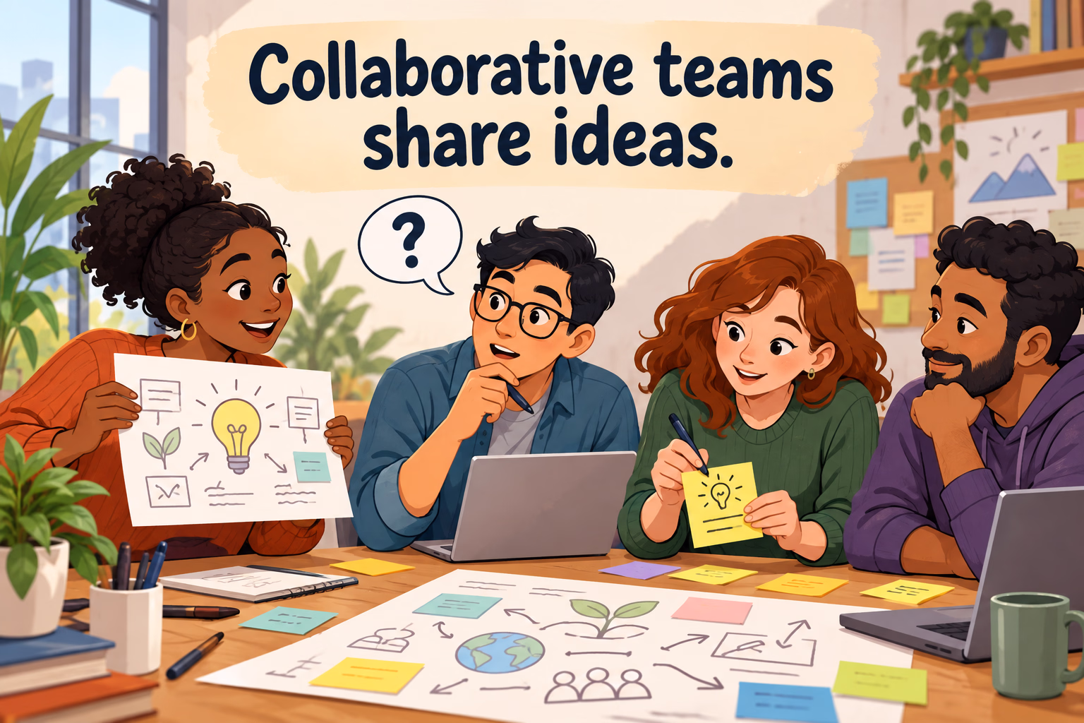 Teammates share a sketch, ask a question, add a note, and listen. Text: “Collaborative teams share ideas.”