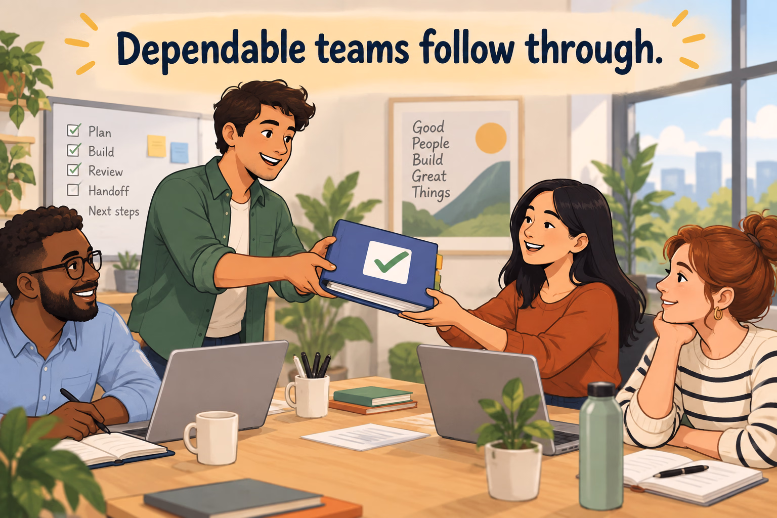 One teammate hands a checked project folder to a colleague. Text: “Dependable teams follow through.”