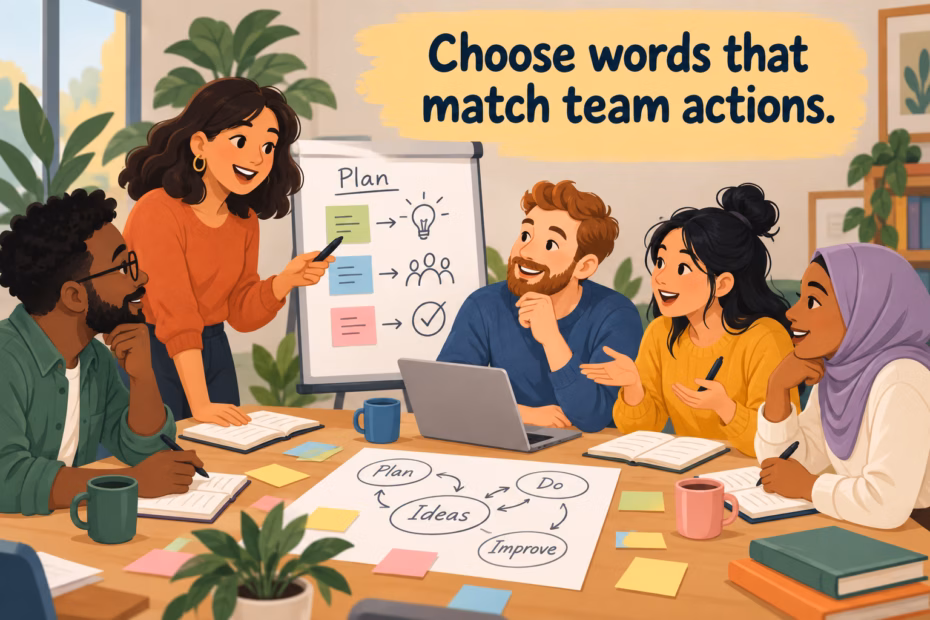A diverse project team shares ideas around a planning table. Text: “Choose words that match team actions.”