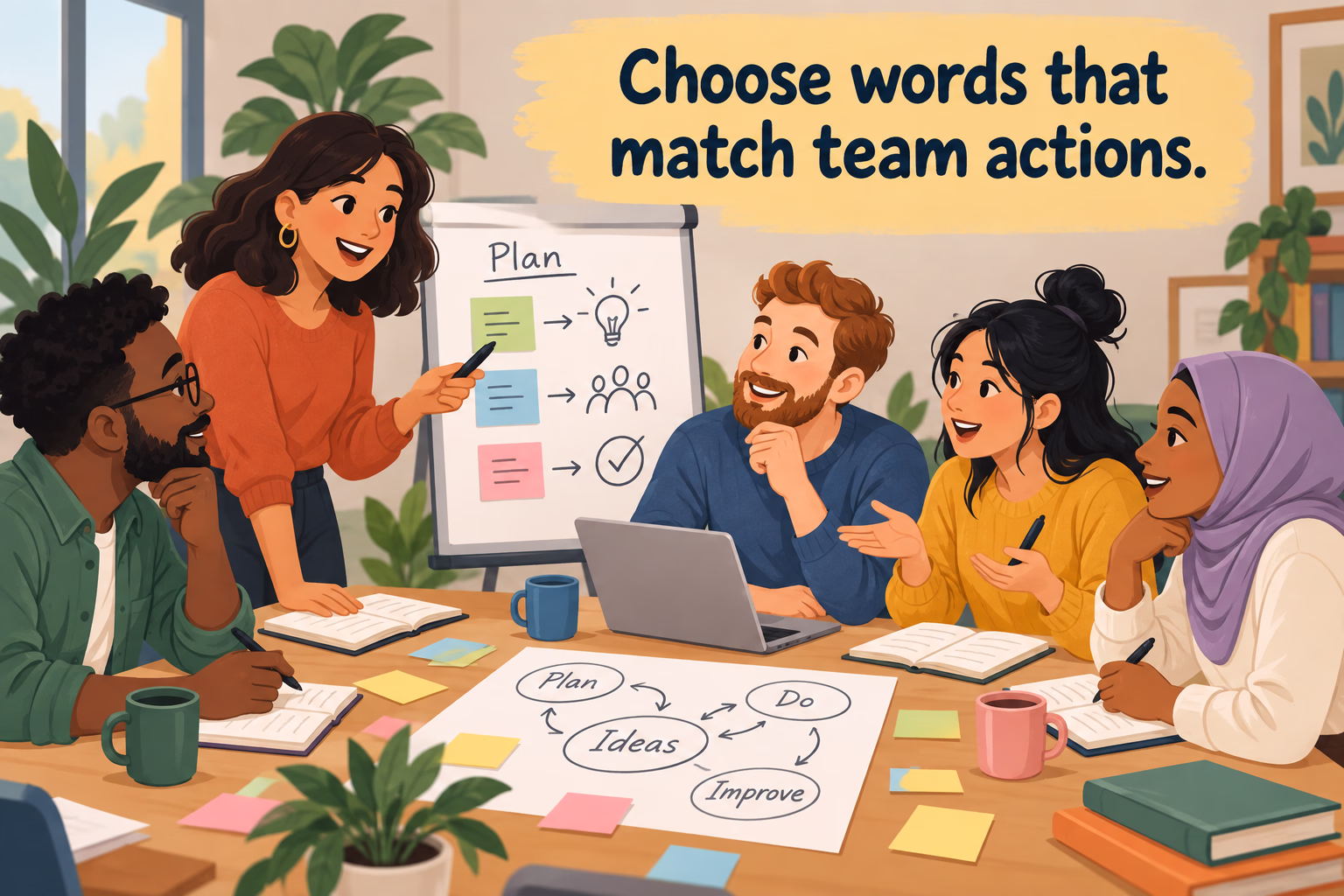 A diverse project team shares ideas around a planning table. Text: “Choose words that match team actions.”