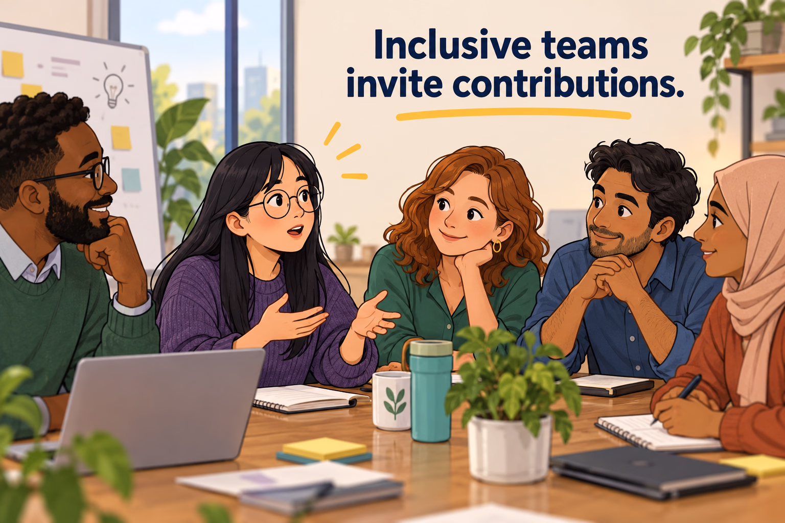 A teammate offers an idea while colleagues listen around a meeting table. Text: “Inclusive teams invite contributions.”